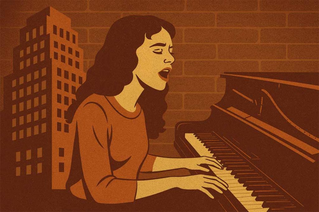 Carole King playing piano in the Brill Building