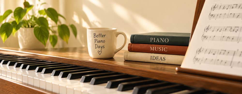 Piano books and coffee