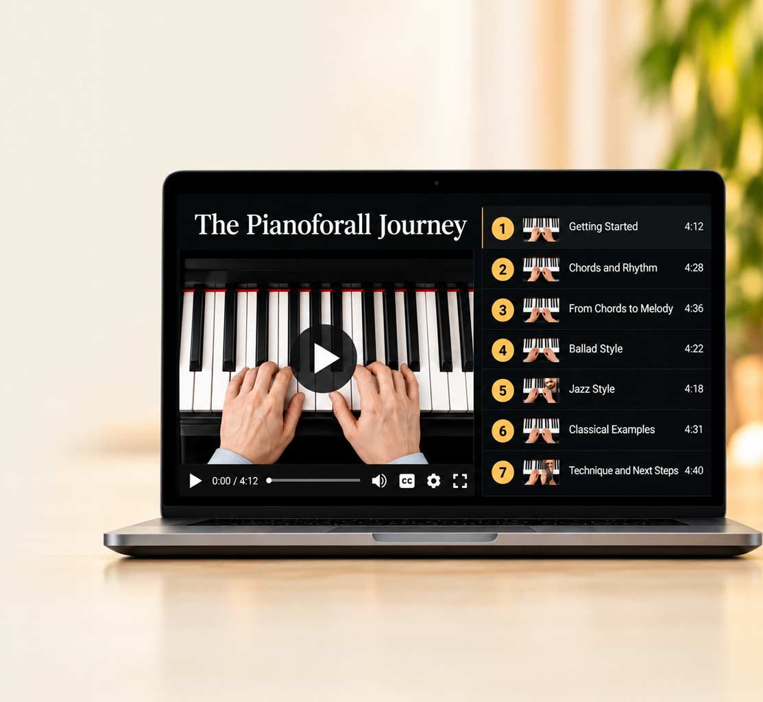 Laptop showing the seven-part Pianoforall Journey