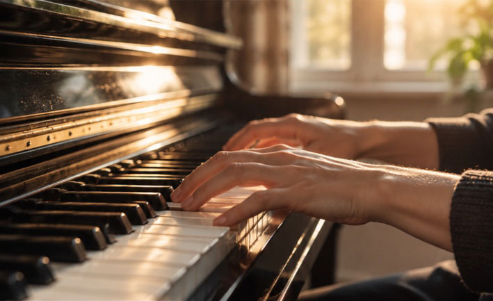 Hands playing piano in warm natural light
